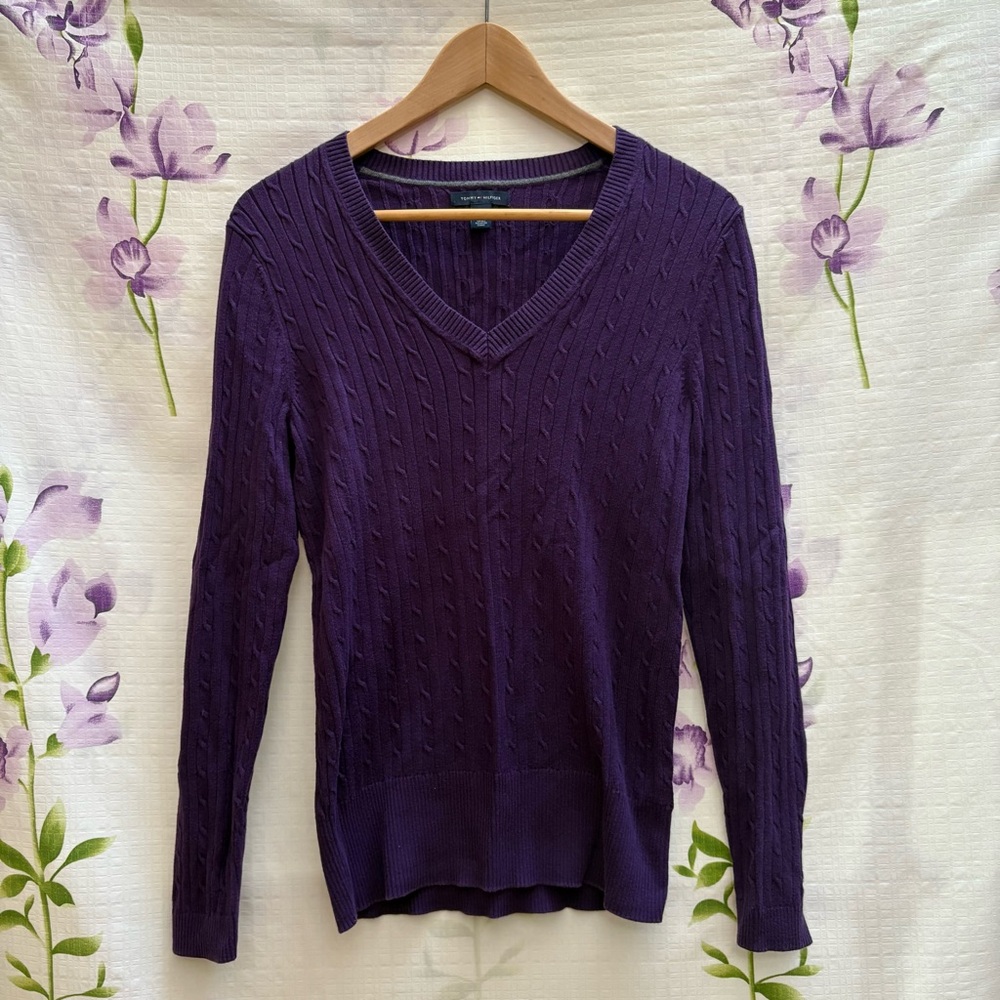Tommy Hilfiger Dark Purple V Neck Cable Knit Sweater